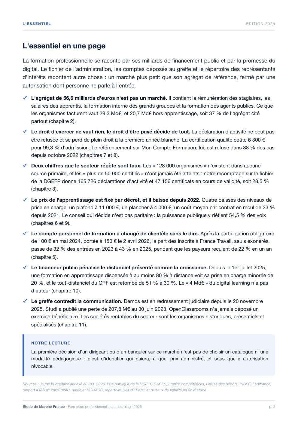 Page 2 de l'extrait de Le marché de la formation professionnelle et du e-learning en France · Étude 2026