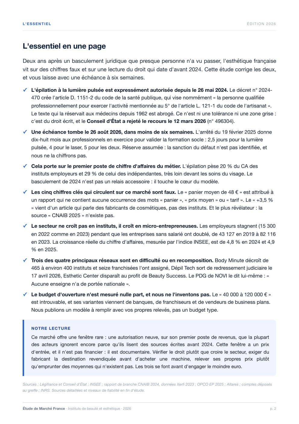 Page 2 de l'extrait de Le marché des instituts de beauté en France · Étude 2026