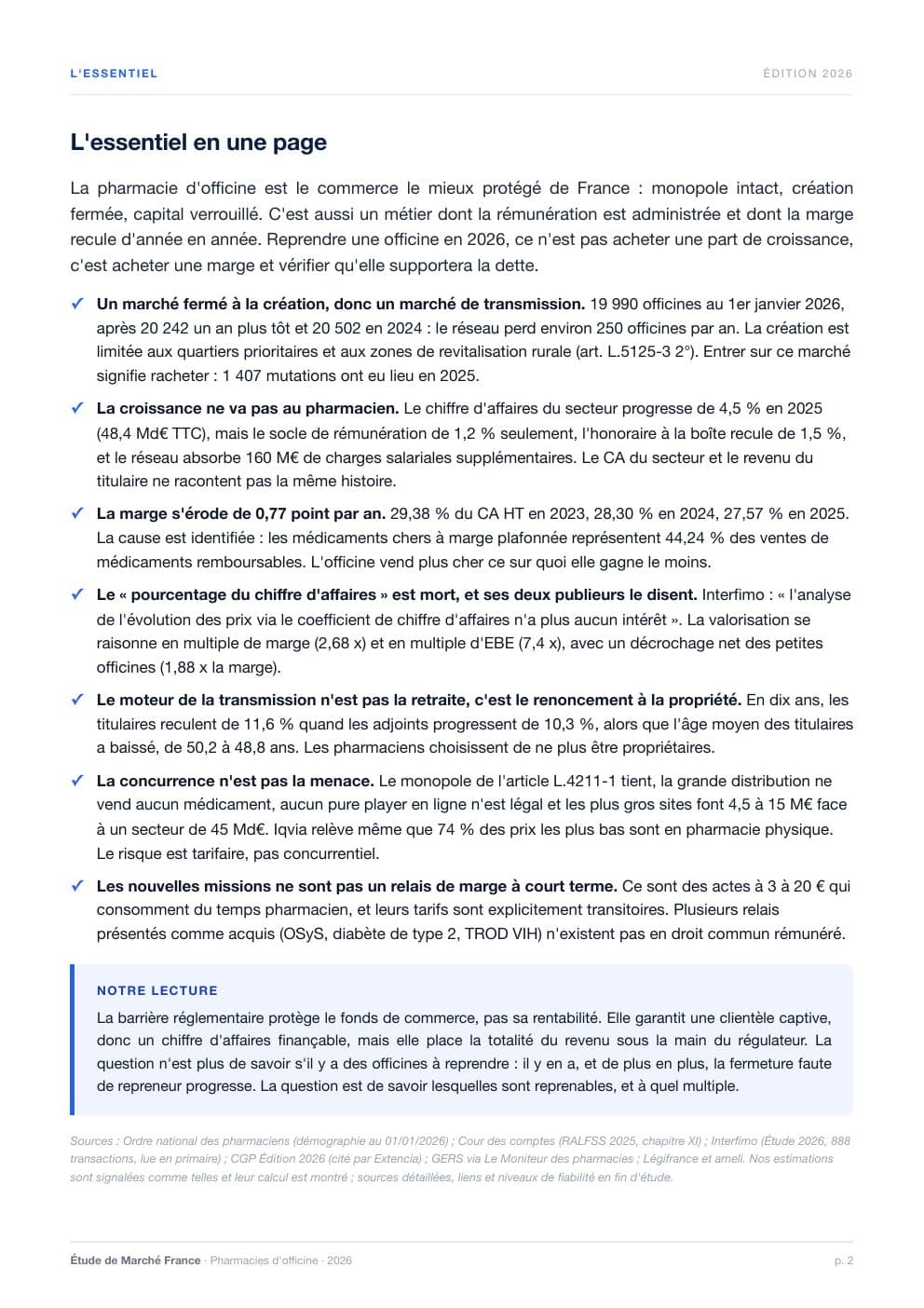 Page 2 de l'extrait de Le marché des pharmacies d'officine en France · Étude 2026