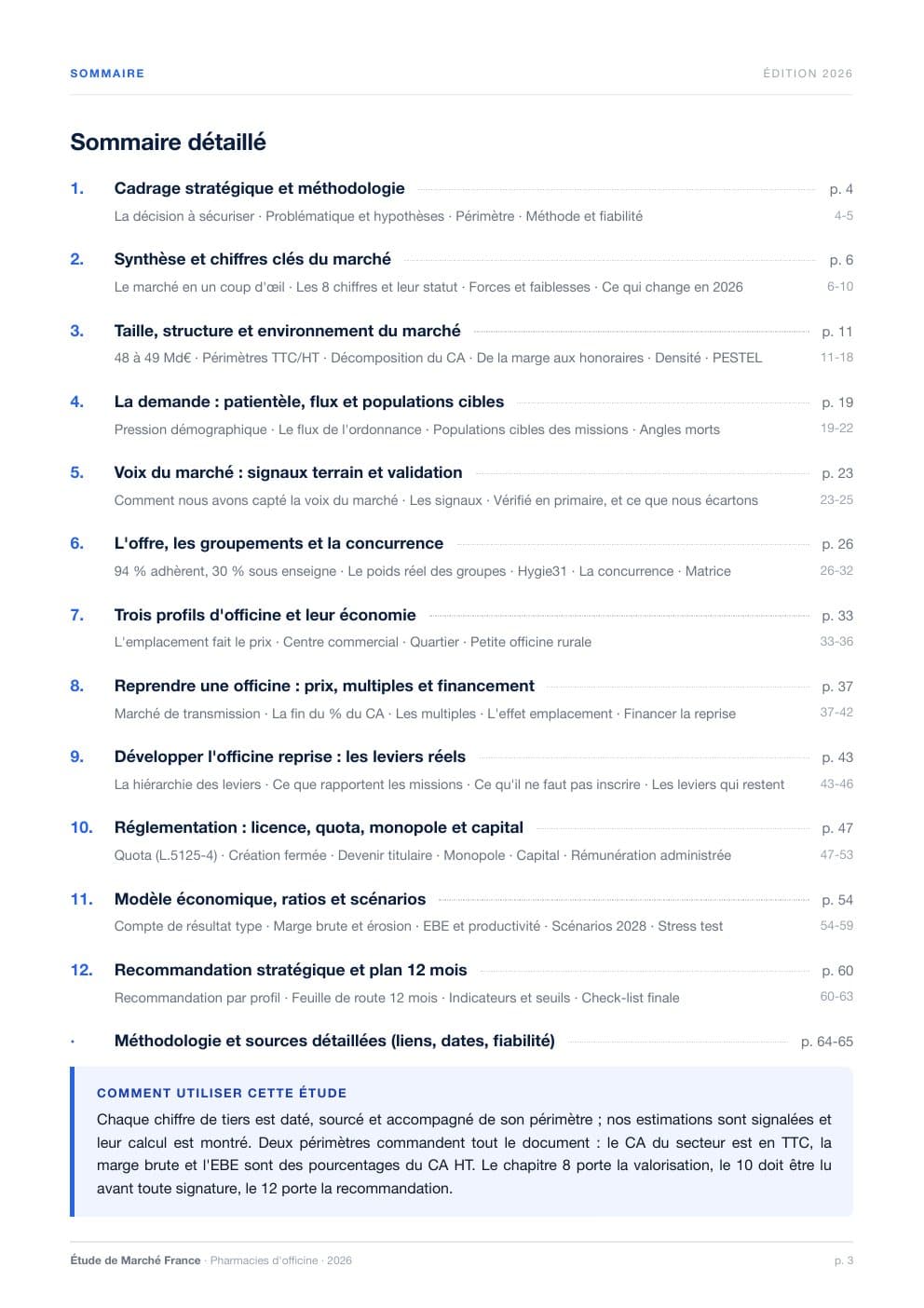 Page 3 de l'extrait de Le marché des pharmacies d'officine en France · Étude 2026